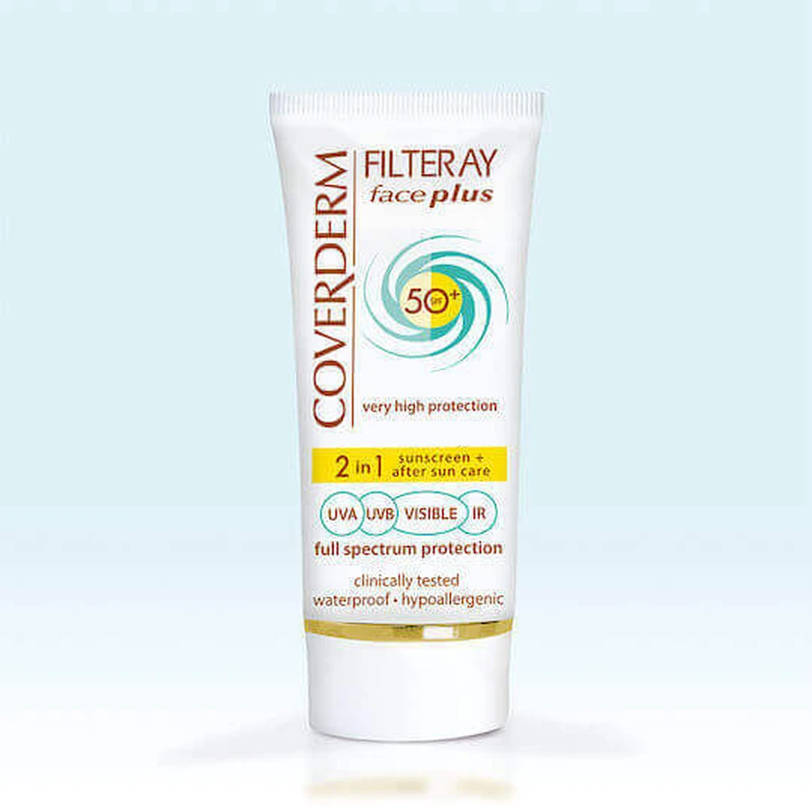 Coverderm Filteray Plus 2 в 1 Солнцезащитный крем и крем после загара как водостойкий солнцезащитный крем для лица SPF50 50 мл: цены и характеристики