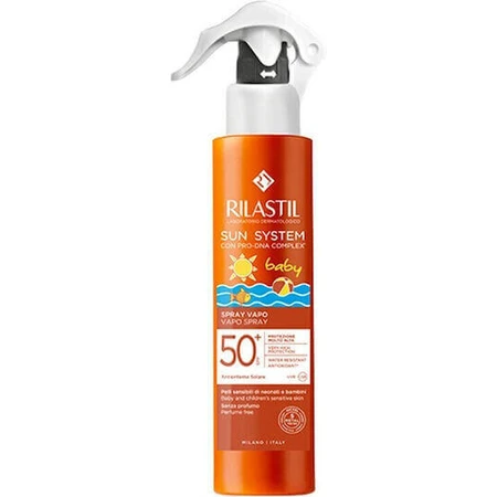 Rilastil Sun System Водостійкий дитячий сонцезахисний крем-спрей SPF50 200 мл та подарунковий вапо-спрей SPF50+ 200 мл: ціни та характеристики