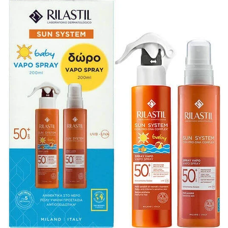 Rilastil Sun System Водостійкий дитячий сонцезахисний крем-спрей SPF50 200 мл та подарунковий вапо-спрей SPF50+ 200 мл: ціни та характеристики