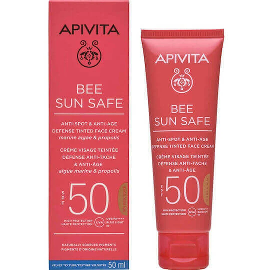 Apivita Bee Sun Safe Сонцезахисний крем для обличчя проти пігментних плям та проти старіння SPF50 з золотистим пігментом 50 мл: ціни та характеристики