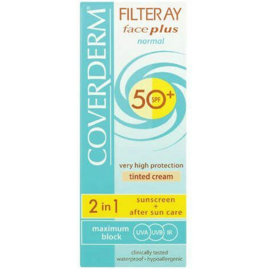 Coverderm Filteray Plus 2 в 1 Водостойкий солнцезащитный крем для лица с мягким коричневым пигментом для нормальной кожи SPF50 50 мл: цены и характеристики