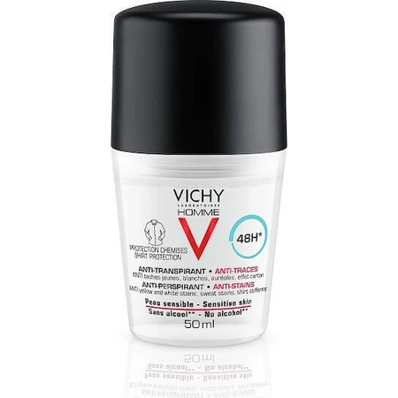 Vichy Homme Anti-Stains Roll-On против белых и желтых пятен Дезодорант 48 часов в ролле 50 мл: цены и характеристики