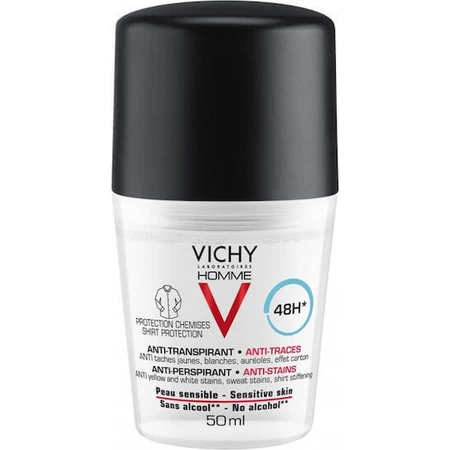Vichy Homme Anti-Stains Roll-On против белых и желтых пятен Дезодорант 48 часов в ролле 50 мл: цены и характеристики