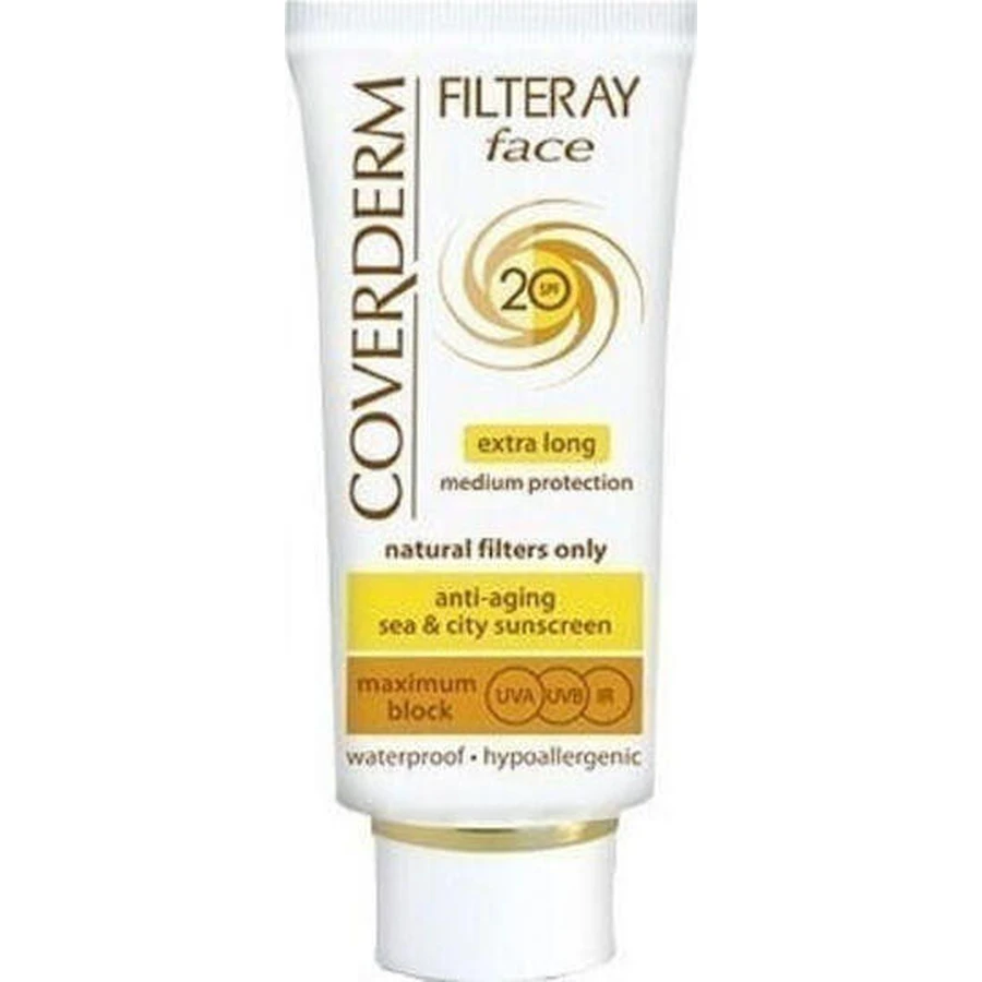 Водостійкий сонцезахисний крем для обличчя Coverderm Filteray SPF20 зі світло-бежевим пігментом 50 мл: ціни та характеристики