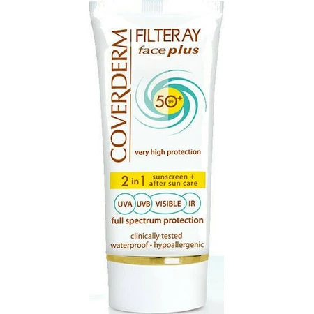 Coverderm Filteray Plus 2 в 1 Тонирующий бежевый крем для жирной кожи Водонепроницаемый солнцезащитный крем для лица SPF50 с пигментом 50 мл: цены и характеристики