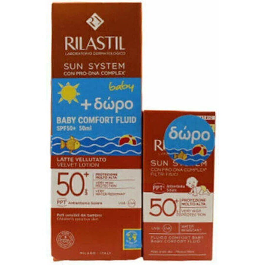 Rilastil Sun System Sun System Velvet Lotion Waterproof Baby Sun Cream Emulsion SPF50 200ml & Sun System Baby Comfort Fluid 50ml 8050444859605-B: цены и характеристики