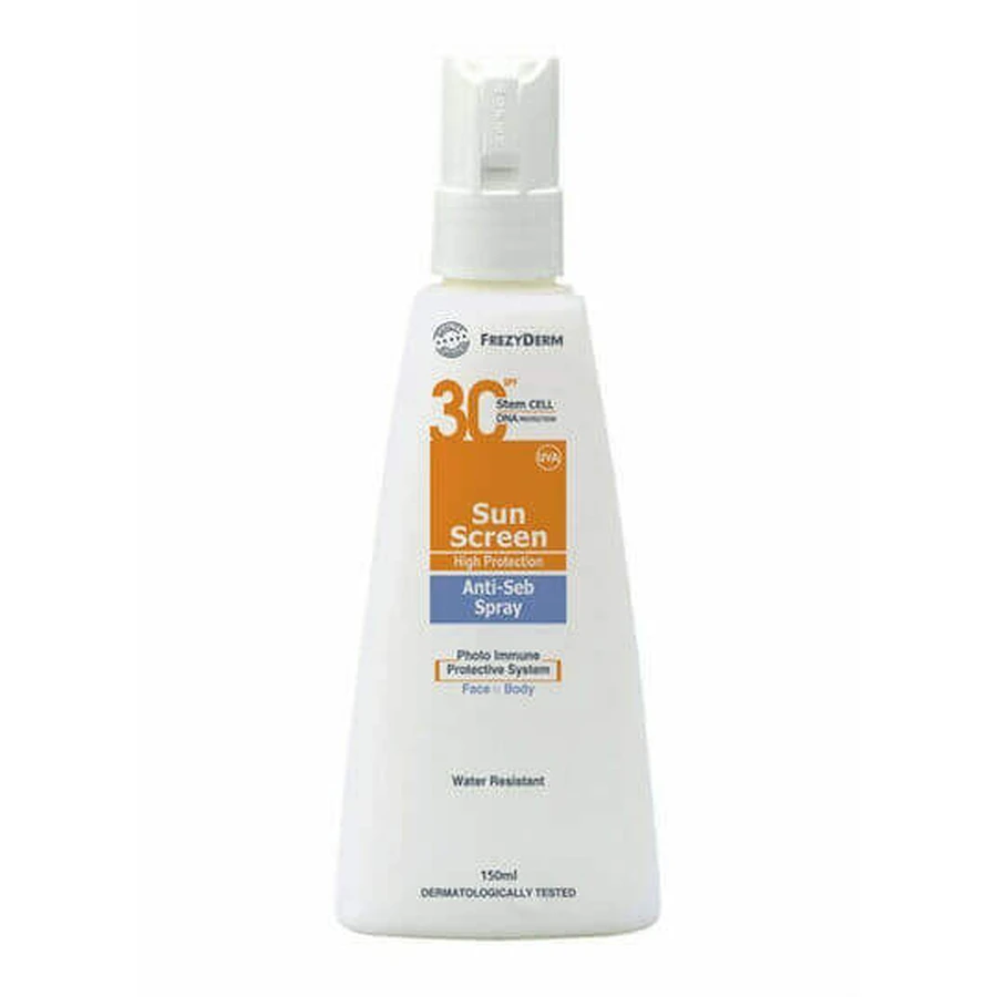 Frezyderm Sun Screen Anti-Seb Водостойкий солнцезащитный лосьон для лица и тела SPF30 в спрее 150 мл: цены и характеристики