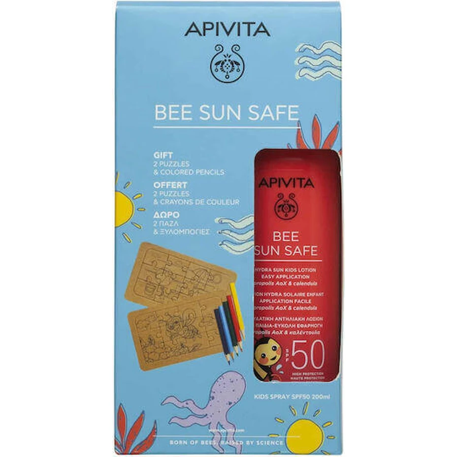 Apivita Bee Sun Safe Водостійкий дитячий сонцезахисний крем-спрей SPF50 200 мл та подарунок 2 пазла та кольорові олівці: ціни та характеристики