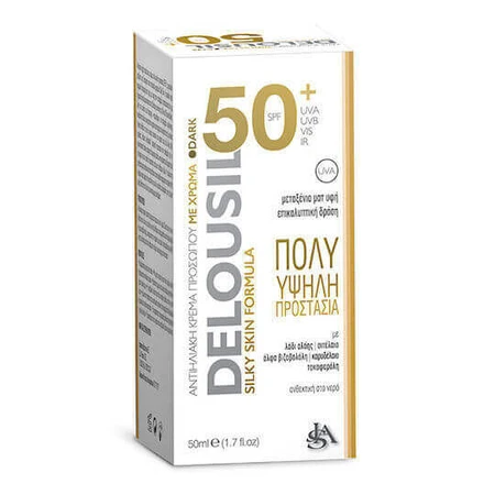 Delousil Silky Skin Водостійкий сонцезахисний крем для обличчя SPF50 з пігментом 50 мл: ціни та характеристики