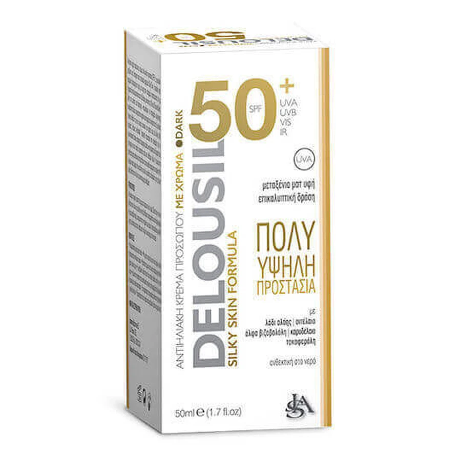 Delousil Silky Skin Водостійкий сонцезахисний крем для обличчя SPF50 з пігментом 50 мл: ціни та характеристики