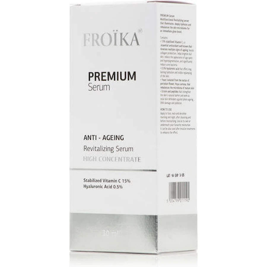Зволожуюча та омолоджуюча сироватка для обличчя Froika Premium з вітаміном С та пептидами для детоксикації та освітлення 30 мл: ціни та характеристики
