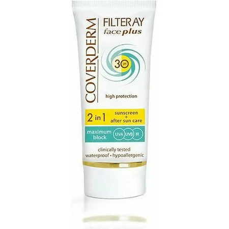 Coverderm Filteray Plus 2 в 1 сонцезахисний крем для обличчя та після засмаги як водостійкий сонцезахисний крем SPF30 50 мл: ціни та характеристики