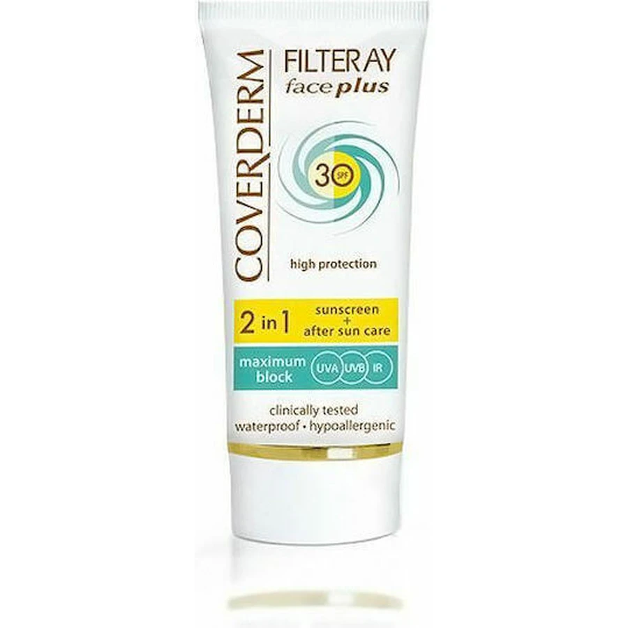 Coverderm Filteray Plus 2 в 1 сонцезахисний крем для обличчя та після засмаги як водостійкий сонцезахисний крем SPF30 50 мл: ціни та характеристики
