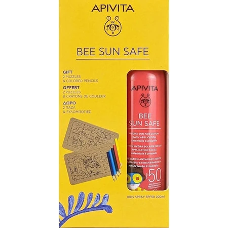 Apivita Bee Sun Safe Водостійкий дитячий сонцезахисний крем-емульсія SPF50 200 мл та подарунок 2 пазли та кольорові олівці: ціни та характеристики