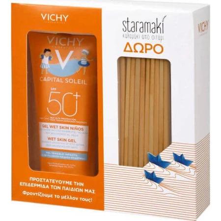 Vichy Capital Soleil Водостойкий детский солнцезащитный крем-гель SPF50 200 мл и подарочный набор пшеничной соломы: цены и характеристики