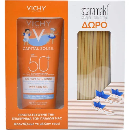 Vichy Capital Soleil Водостойкий детский солнцезащитный крем-гель SPF50 200 мл и подарочный набор пшеничной соломы: цены и характеристики