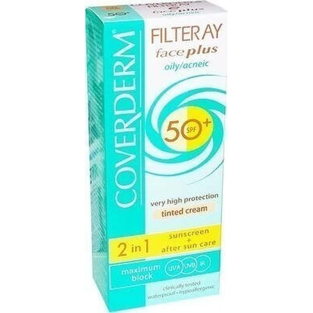 Coverderm Filteray Plus 2 в 1 Водостійкий сонцезахисний крем для обличчя SPF50 зі світло-бежевим пігментом для сухої шкіри 50 мл: ціни та характеристики