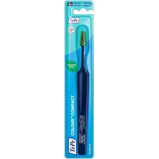 Компактна зубна щітка TePe Colour Extra Soft Blue з зеленими та фуксієвими волокнами