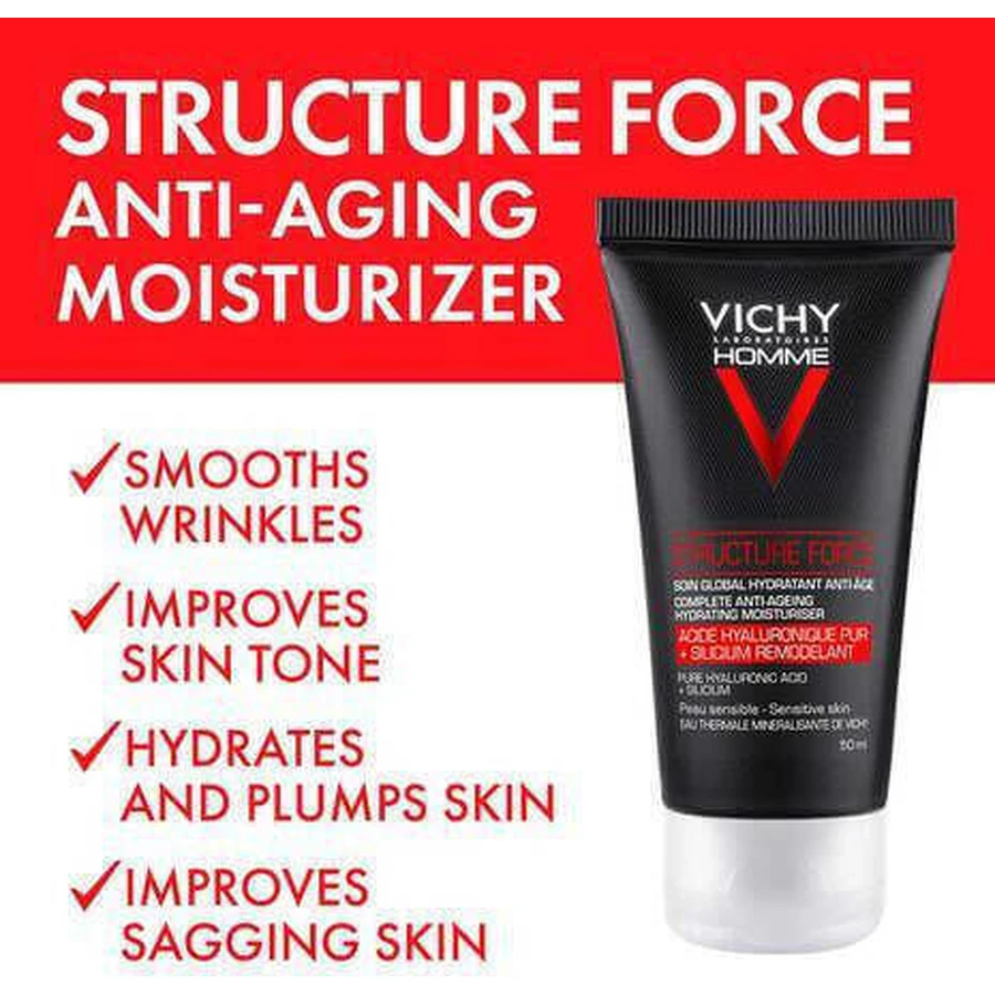 Vichy Homme Structure Force 24h Увлажняющий, антивозрастной и тонизирующий мужской крем для лица с гиалуроновой кислотой 50 мл: цены и характеристики