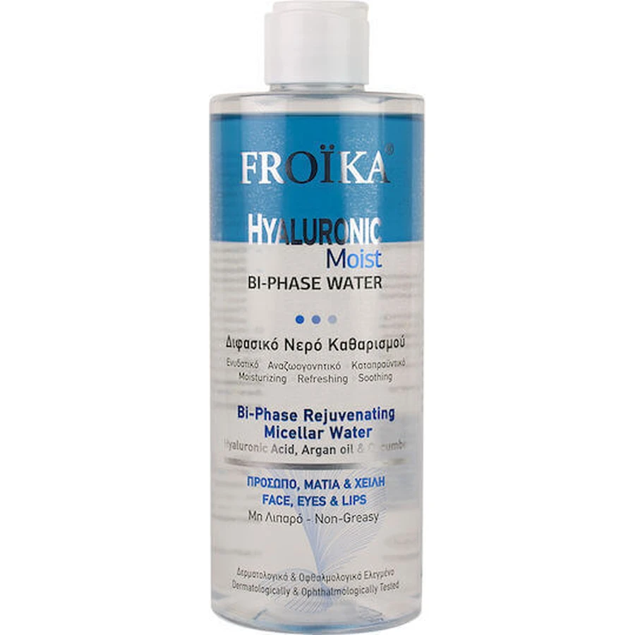 Froika Hyaluronic Гіалуронова волога двофазна міцелярна вода для зняття макіяжу з обличчя та губ для шкіри, схильної до акне 400 мл: ціни та характеристики
