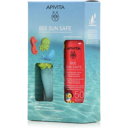 Apivita Bee Sun Safe Водостійкий дитячий сонцезахисний крем-спрей для обличчя та тіла SPF50 200 мл з 3 іграми з пляжним піском: ціни та характеристики