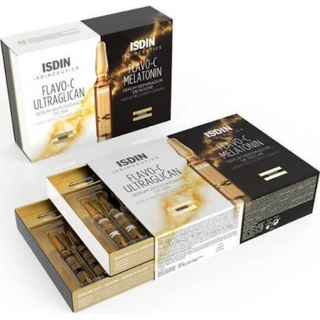 Isdin Flavo-C Ultraglycan & Melatonin Зволожуюча та омолоджуюча сироватка для обличчя з Бакучіолом та вітаміном С для детоксикації та освітлення 20х40мл: ціни та характеристики