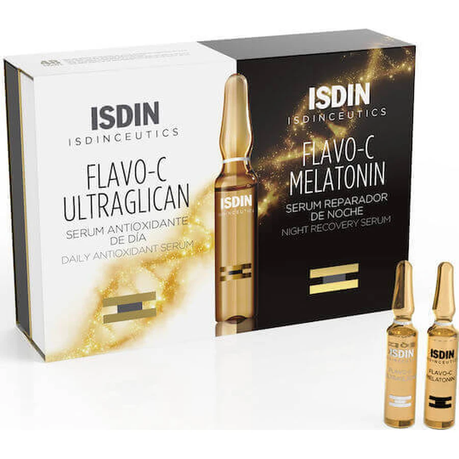 Isdin Flavo-C Ultraglycan & Melatonin Зволожуюча та омолоджуюча сироватка для обличчя з Бакучіолом та вітаміном С для детоксикації та освітлення 20х40мл: ціни та характеристики