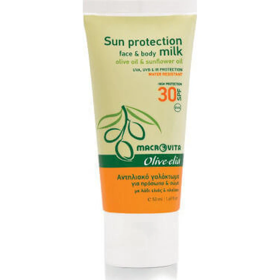Водостійкий сонцезахисний крем для обличчя та тіла Macrovita Olive-Elia SPF30 50 мл: ціни та характеристики