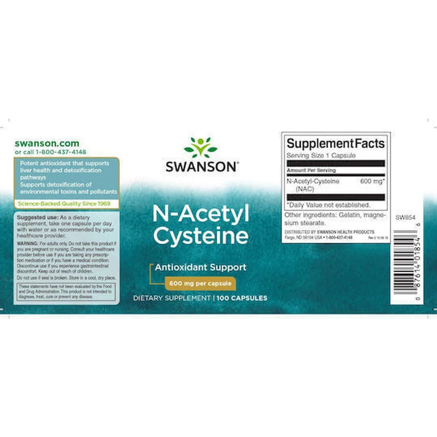 Swanson N-Acetyl Cysteine 600 мг 100 капсул без ароматизаторов: цены и характеристики