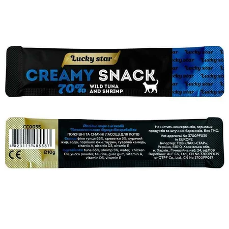 Lucky Star Creamy Snack Tuna Лакомство Нежное пюре из тихоокеанского тунца и креветок в стиках для кошек, 1х10 г: цены и характеристики