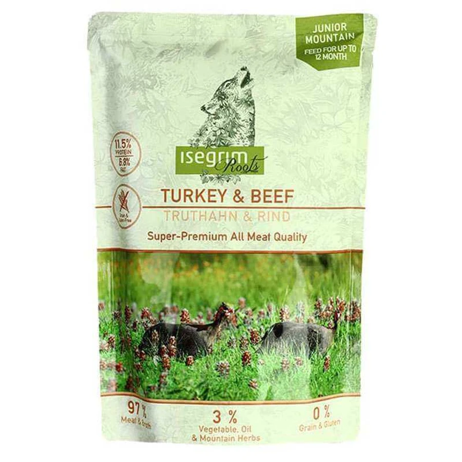 Isegrim Pouch Roots JUNIOR Turkey & Beef Консервированный корм с индейкой и говядиной для щенков, 410 г: цены и характеристики