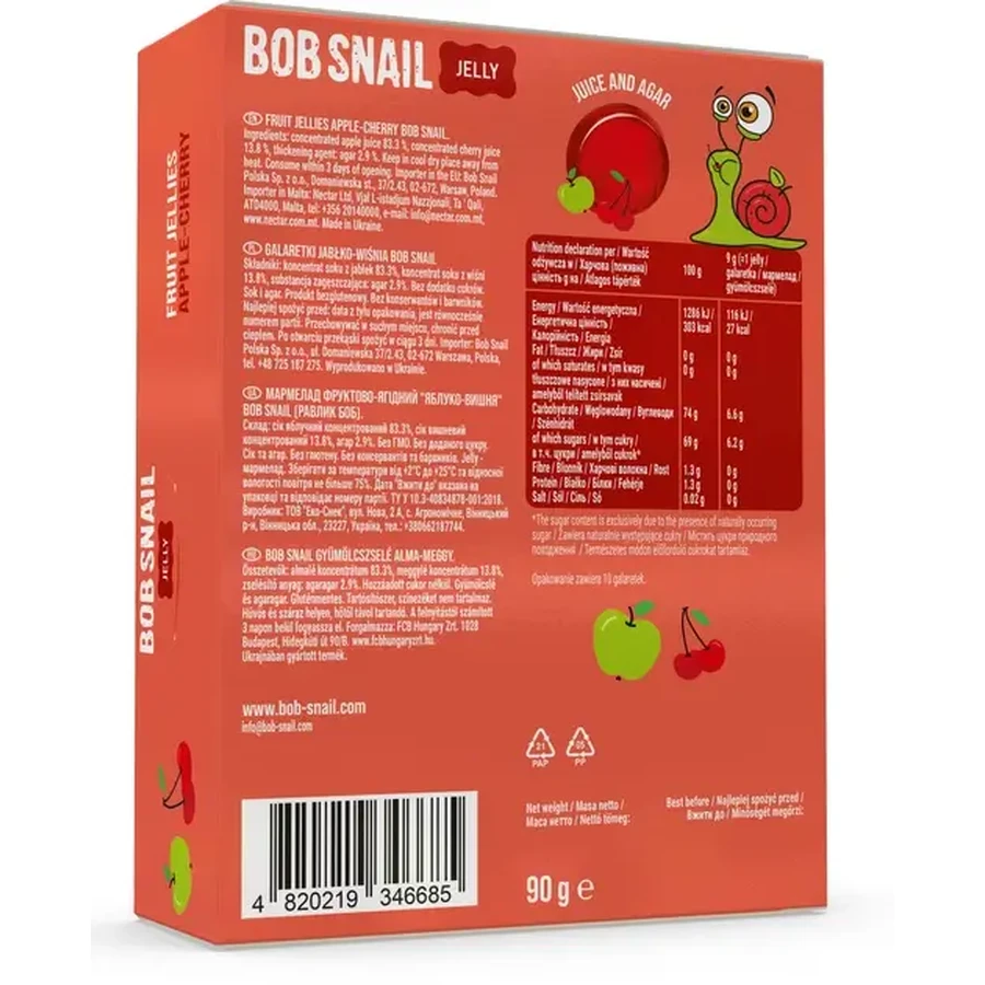 Натуральний фруктовий мармелад Bob Snail Яблуко-Вишня 90 г: ціни та характеристики
