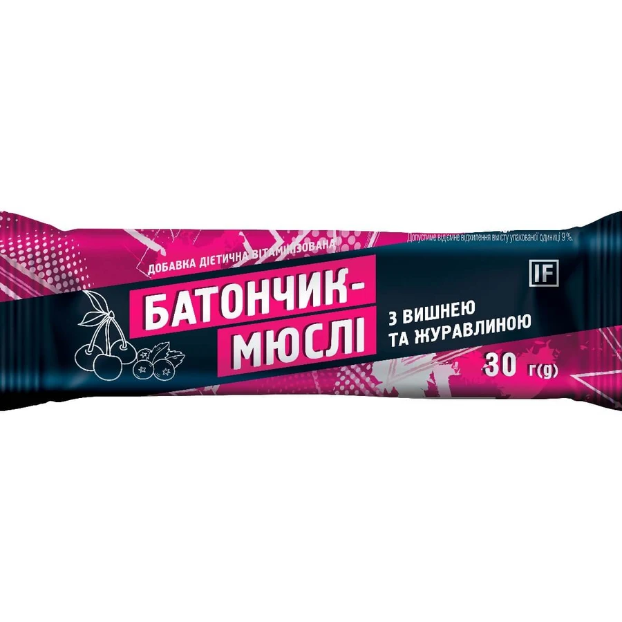 Батончик-мюслі з вишнею та журавлиною, 30 г: ціни та характеристики