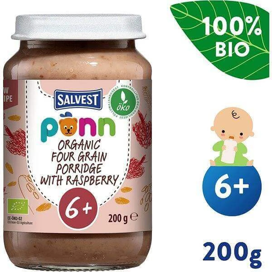 SALVEST Põnn BIO Малина со злаками 1×200 г, фруктовая закуска: цены и характеристики