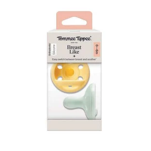 Силіконова ортодонтична соска-пустушка Breast Like Soother, жовта/м'ятно-зелена, 0-6 місяців, 2 штуки, Tommee Tippee