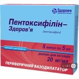 Пентоксифілін-здоров'я р-н д/ін. 20 мг/мл амп. 5 мл, у блістері в коробці №5